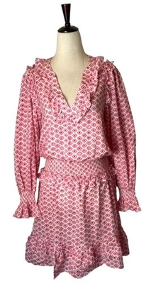 Zadig & Voltaire Dress Women XL Pink White Judo Evil Eye Ruffle Fit And Flare - Image 1 of 4