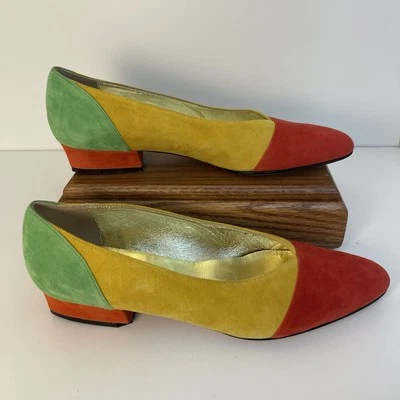 NWOB VTG. Saks Fifth Avenue Suede Color Block Mondrian Cap Toe Heels Size 7 - Image 1 of 4