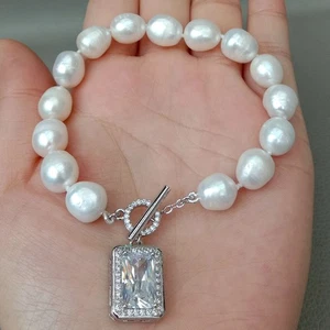 White Rice Pearl Bracelet Cz Pave Toggle Clasp Valentine's Day gift - Picture 1 of 6