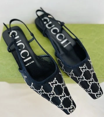 Auténtico GUCCI Aria Malla y Gamuza Demi GG Cristales Eslinga Plana, 38EU / 8 EE. UU. Foto 1 de 4