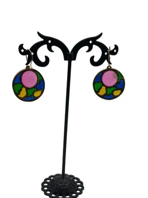 Pendientes colgantes circulares coloridos de vitrales con tachuelas circulares caprichosos Foto 1 de 4