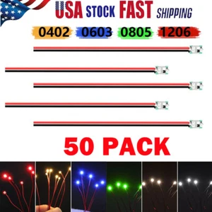 50X Wired Micro LED Pre-Soldered 0402,0603, 0805,1206 Copper Wire Lights SMD - Picture 1 of 32