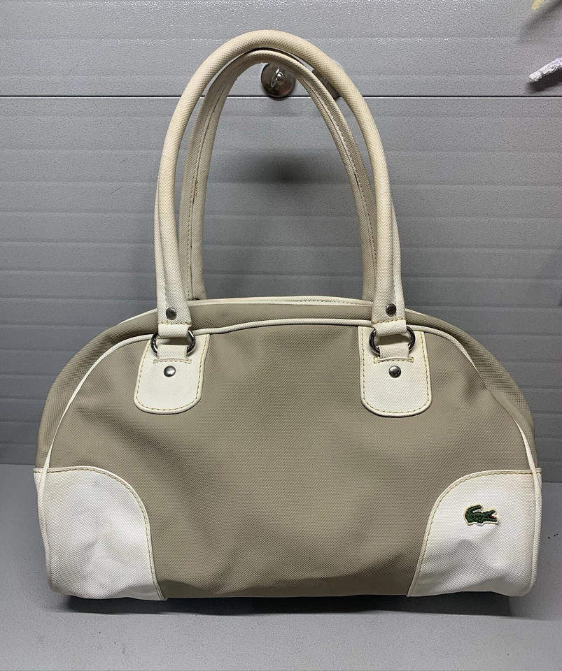 Authentic Vintage LACOSTE Boston Bag Handbag White/Khaki Medium - Image 1 of 4