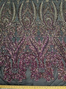 Iridescent Purple Sequin Fabric On Black Mesh 4 Way Stretch Mesh Lace By Yard - Picture 1 of 6