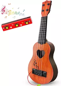 Kids Brown Ukulele Guitar Toy with Bonus 16-Hole Harmonica Classical Instrument - Picture 1 of 7