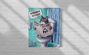 Funny Cat Bathroom Canvas Wall Art – 'Remember to Flush' Humorous Home Décor - Picture 1 of 5