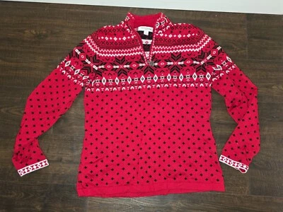 Breckenridge Red Quarter Zip Fair Isle Women’s Sz Petite Large Snowflake Sweater - Image 1 of 4