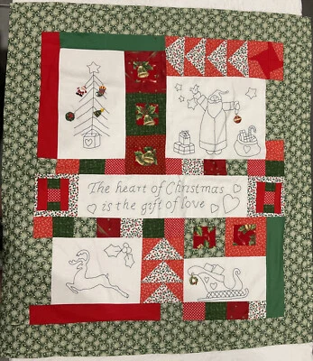 Handmade Embroidered Xmas Red White Mini quilt Christmas hanging Santa 70cm - image 1 of 4