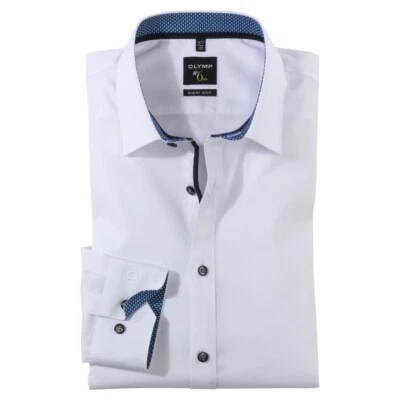 Olymp Uomo Super Slim Camicia No. 6 Bianca Unicolore 077464 18 Marina - Immagine 1 di 4
