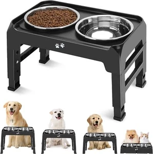 Elevated Dog Bowls, 4 Height Adjustable Raised 8" for Medium Dogs, Black - Picture 1 of 9