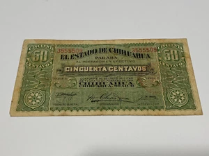 50 CENTAVOS MEXICO 1914 SERIE U EL ESTADO DE CHIHUAHUA BANKNOTE CIRCULATED - Picture 1 of 3