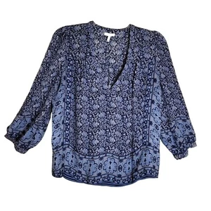 Joie Silk Top Size S Blue Boho Border Print 100% Silk V-Neck Pullover - Imagen 1 de 5