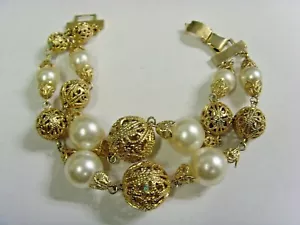 antique large filigree beads faux pearls double bracelet nice estate sale 50546 - Picture 1 of 3