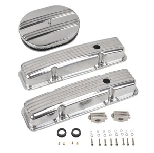 Polished Short Valve Cover & 12" Half Air Cleaner For SBC Chevy 327 350 1958-86 - Foto 1 di 11