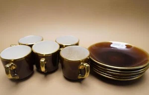 Vintage French Choisy-le-Roi Espresso Set | 5 Cups & Saucers Gold Brown 1960s - Picture 1 of 6