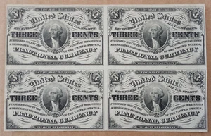 1863 UNCUT SHEET BLOCK Unc 3c US FRACTIONAL CURRENCY 4 Civil War 3 Cent Notes - Picture 1 of 2