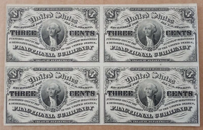 1863 UNCUT SHEET BLOCK Unc 3c US FRACTIONAL CURRENCY 4 Civil War 3 Cent Notes - Image 1 of 2