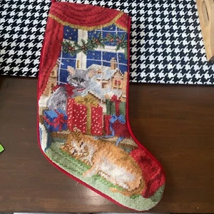 Vintage needlepoint stocking - cats Christmas decor. Grey Cat Orange Tabby - Picture 1 of 15