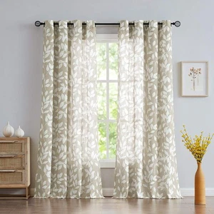 Leaf Semi Sheer Curtains for Living Room 84" Length with White Leaves Print C... - Picture 1 of 9