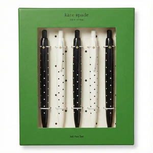 Kate Spade New York 5 Black Ink Pen Set - Polka Dot Retractable (New in Box) - Picture 1 of 6