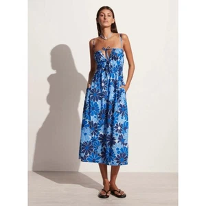 Faithfull the Brand Adalyn Abito Midi Blu Stampa Canaria Smocked, Taglia 2 (XS) - Foto 1 di 13