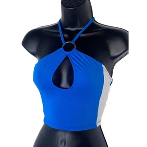 New Medium Blue White O-ring Colorblock Keyhole Neck Halter Crop Top Sleeveless - Picture 1 of 4