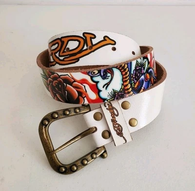 Ed Hardy Christian Audigier White Tattoo Roses Leather Belt EH3202 Sz L Vtg 90s - Image 1 of 4