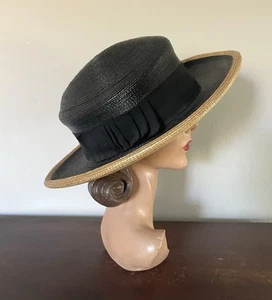 PRISTINE Early 1900s ANTIQUE Edwardian NAVY BLUE & Natural STRAW Womens Sun Hat - Picture 1 of 17