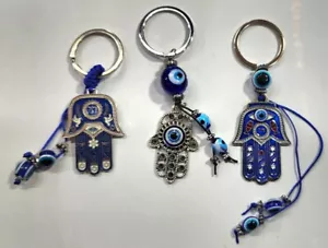 3 Pcs Blue Evil Eye Hamsa Keychains Fatima Hand Protection Religious Good Luck - Picture 1 of 3
