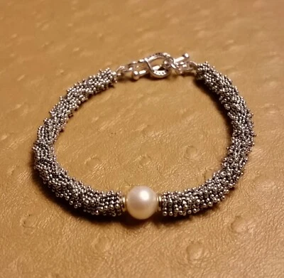 Pulsera rondel de plata 925 Michael Dawkins de 7 pulgadas con perlas acento nueva sin etiquetas Foto 1 de 4
