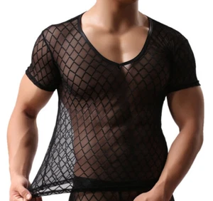 Sexy kurzärmlig durchsichtiges Herren-T-Shirt mit V-Ausschnitt dehnbar Netz Gaze T-Shirt Tops - Bild 1 von 4