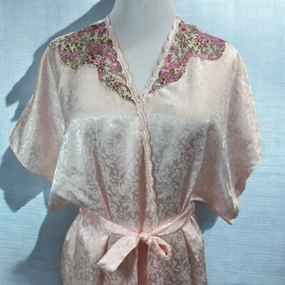 Vtg VAL MODE Pink Jacquard Floral Lace Kimono Robe Lingerie sz M Fairy Bridal - Image 1 of 4