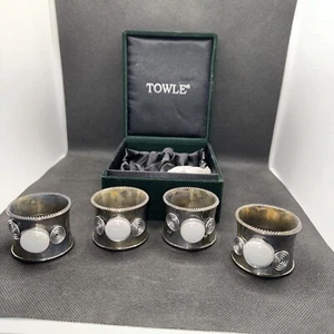 JUEGO DE 4 SERVILLETEROS TOALLA PLATEADOS SIN MONOGRAMA Con Cabujón Blanco - Imagen 1 de 10