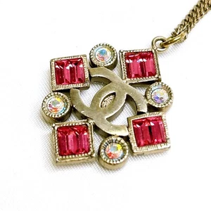 CHANEL CC COCO Logo Pendant Necklace Pink Stone signed-05P  Authentic JAPAN - Picture 1 of 15