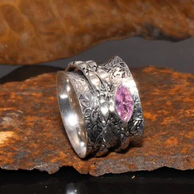 Кольцо ручной работы с розовым кунцитом из стерлингового серебра 925 пробы богемное - Изображение 1 из 3