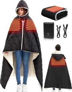 12V Battery Heated Blanket 15000mAh Hooded Wearable 50x70 Camping Car Sherpa - Picture 1 of 8