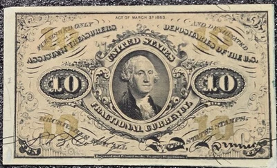 1863 10c 3rd Issue XF+ Washington U.S. Fractional Currency No Fold /Tear / Holes - Image 1 of 4