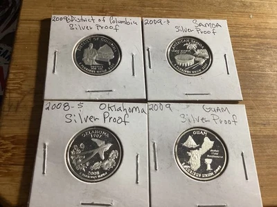 2009-S & 2008-S 90% Silver Cameo Proof Quarters Samoa, Guam, D.O.C.& Ok # 673 - Image 1 of 2