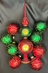 9 Pc Set Glittered  Blown Glass Christmas Ball Ornaments 12” Finial Tree Topper - Picture 1 of 21