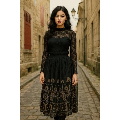 Vintage Together! Falda Mujer 1X Organza Negra y Dorada Midi Acampanada Plisada Plus Foto 1 de 4