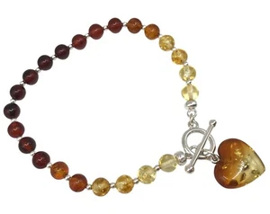 amber heart bracelet, multicolour amber beads, T bar fastening. Sterling silver. - Picture 1 of 11
