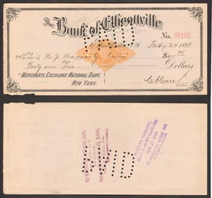 February 1899 Bank of Ellicottville NY Revenue Stamped Paper 2c Check - Picture 1 of 3