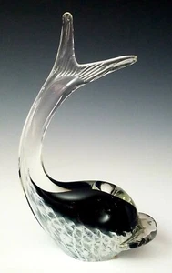 Vintage Murano Large Black White Clear Glass Whale Paperweight Figure - Picture 1 of 4