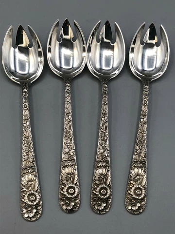 Repousse by Kirk Sterling Silver set of 4 Ice Cream Spoon/Fork 5.5" Cover