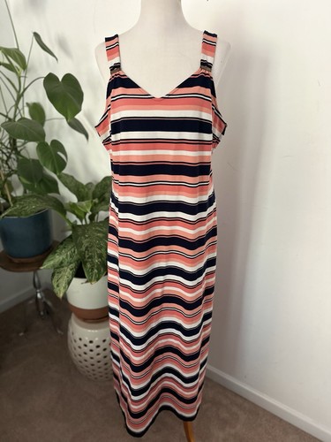 Maxi abito Michael Kors taglia 1X blu corallo bianco righe senza maniche