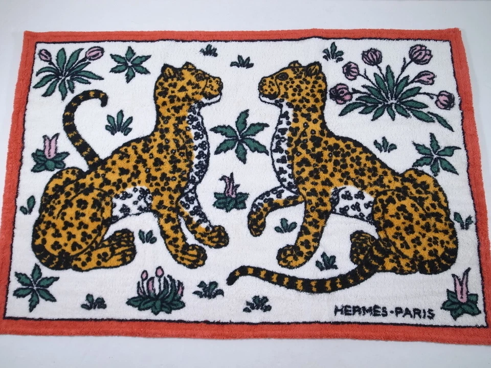 HERMES Paris Algodón Toalla de Playa Alfombra de Baño Toalla Leopardos 95×64cm Excelente Foto 1 de 4