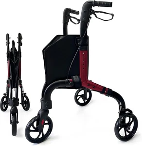 Premium 3 Wheels Lightweight Foldable Rollator Walker with Storage bag, Red - Picture 1 of 6
