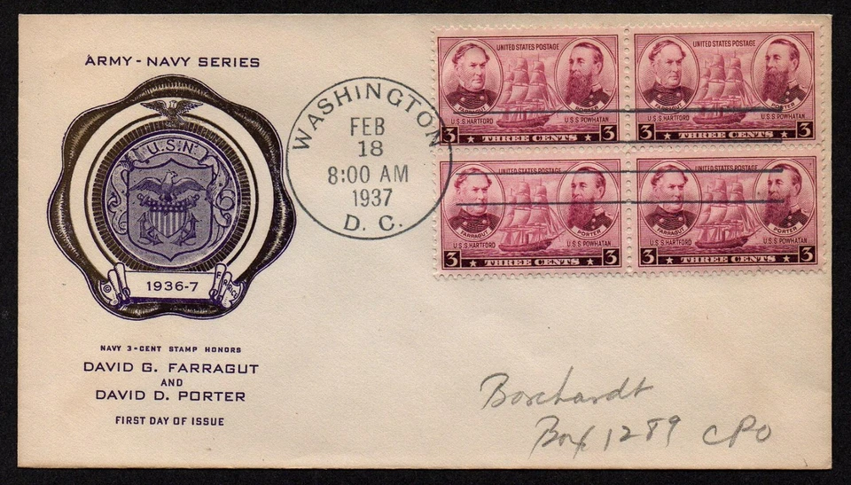 USA, SCOTT #792, RICE FDC COVER 1937 ARMY NAVY HEROES FARRAGUT & PORTER, BLOCK - Image 1 of 1