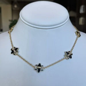 Freida Rothman Fleur De Lys Gold Plated Station Necklace Black Enamel Rhinestone - Picture 1 of 13