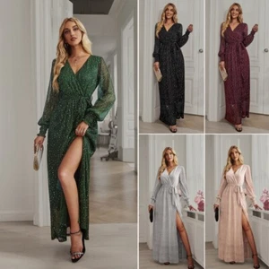Women Party Long Sleeve Dress Maxi V-neck Tie Waist Evening Side Slit Shiny - Picture 1 of 28